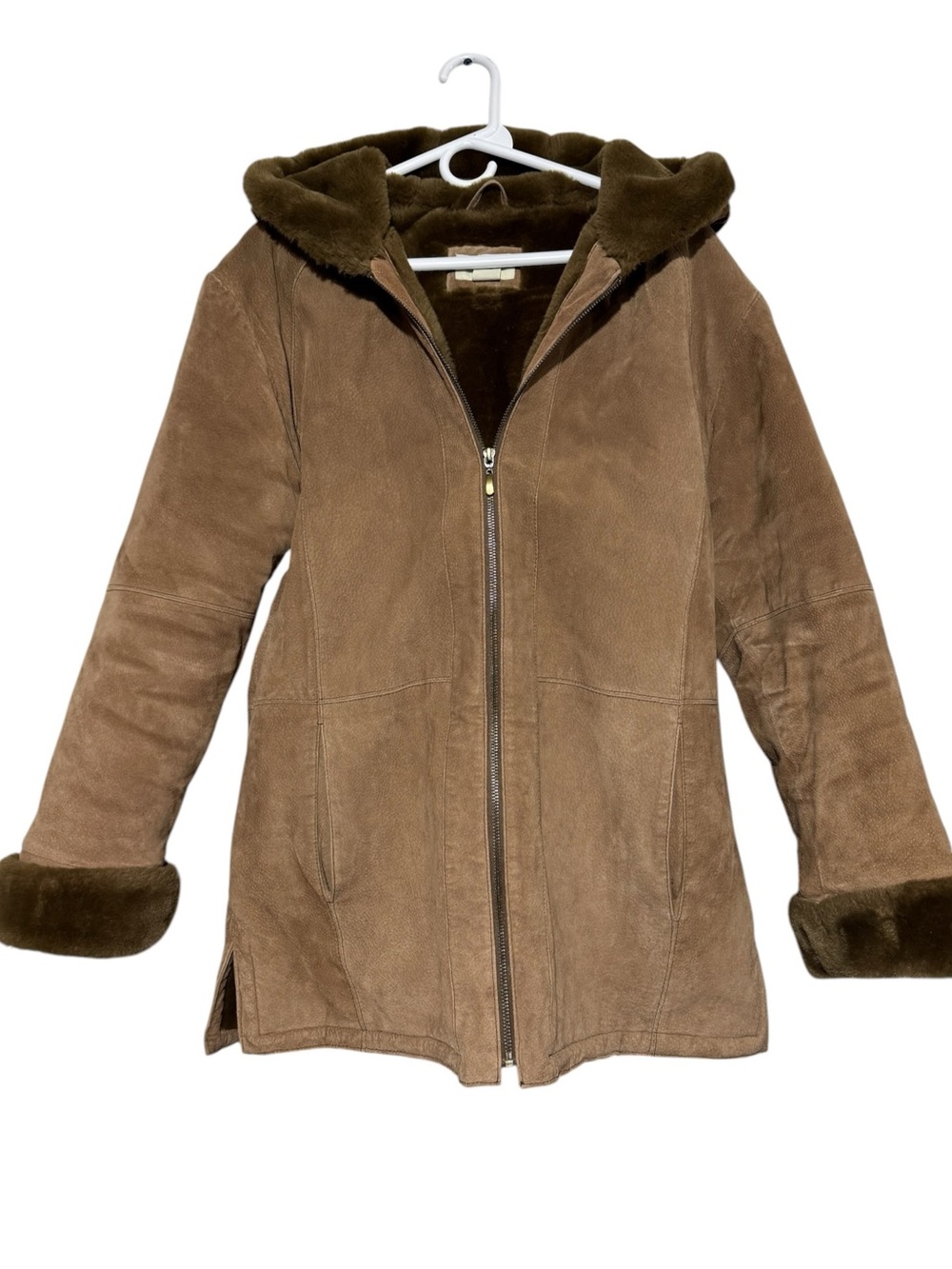 St John’s Bay Washable Suede Coat Size Medium Brown Faux Fur Leather Winter Snow